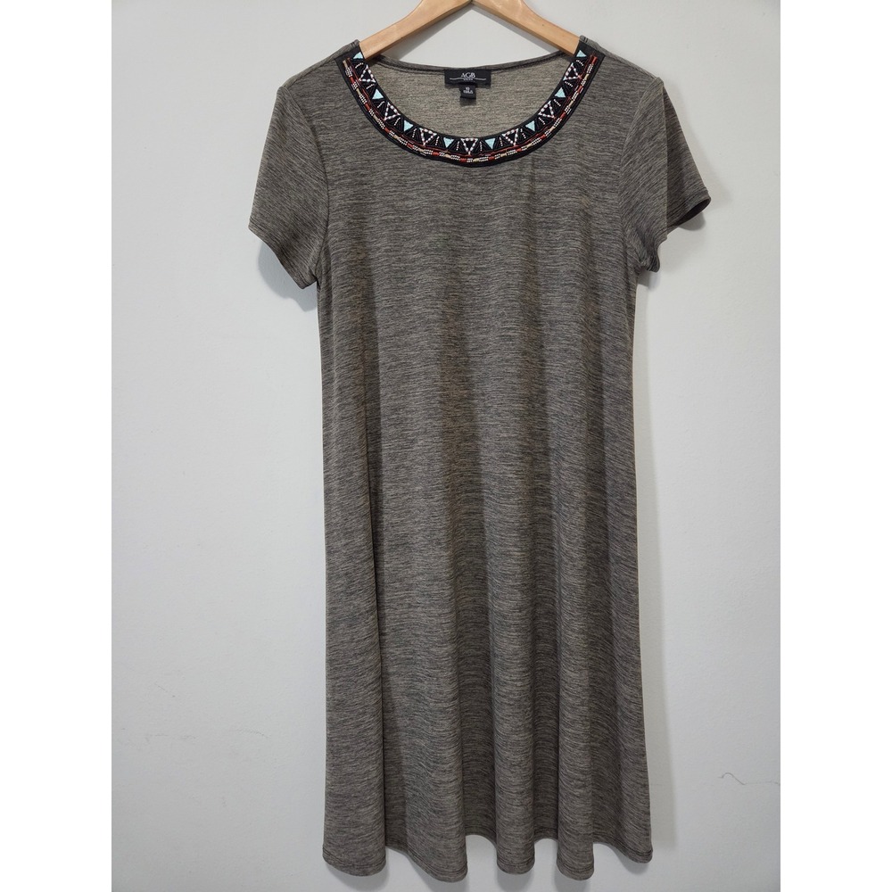 AGB Womens Beaded Neckline Space Dye T-Shirt Dress Gray Size‎ 10 Short Sleeve